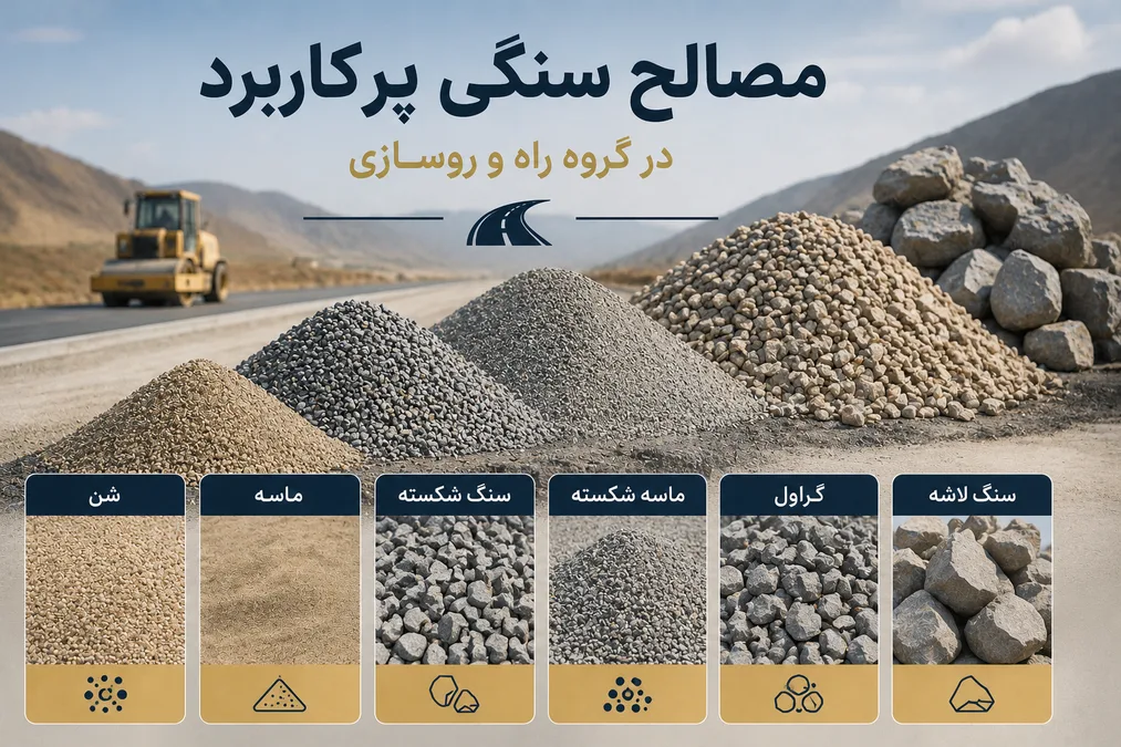 تصویر انواع مصالح سنگی مورد استفاده در پروژههای ساختمانسازی، راهسازی و عملیات عمرانی