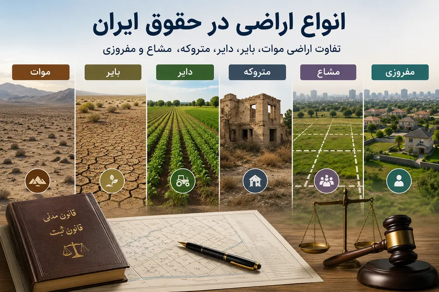 انواع اراضی در حقوق ایران شامل اراضی موات، بایر، دایر، متروکه، مشاع و مفروزی
