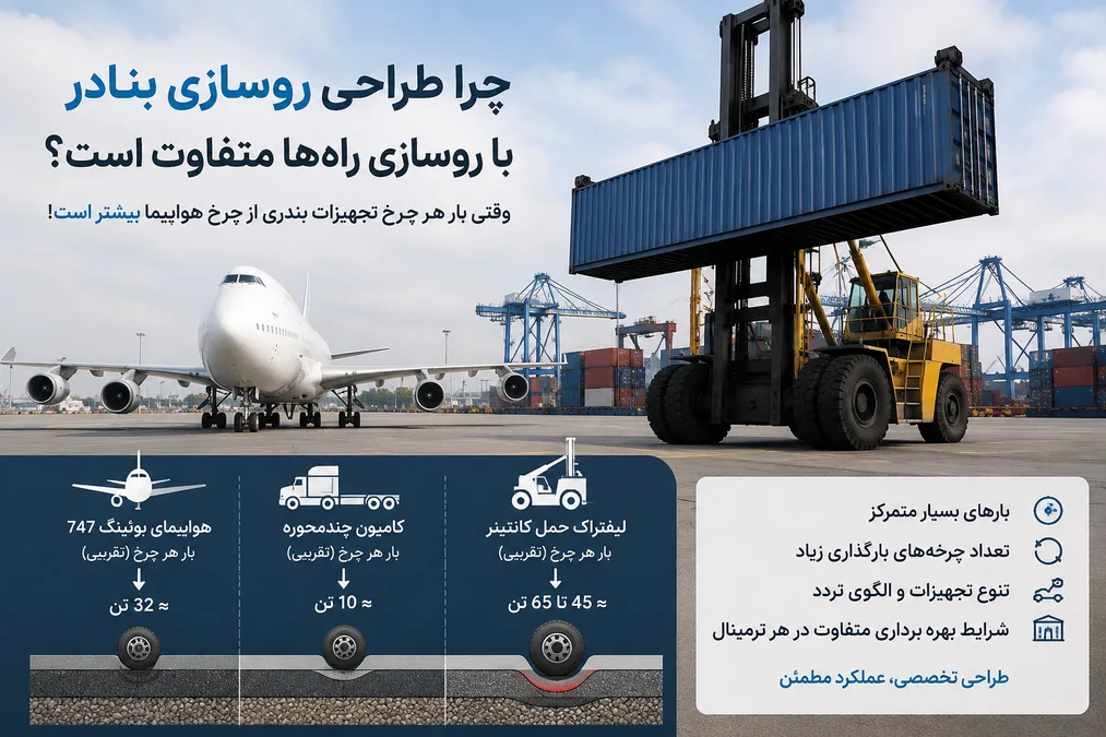 تصویر شاخص مقایسه روسازی بنادر و روسازی راهها با نمایش تفاوت در بارگذاری، شرایط بهرهبرداری، طراحی و مصالح مورد استفاده